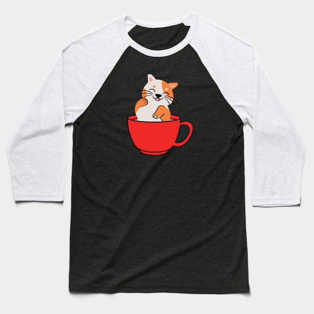 Cute cat in a red coffee cup Baseball T-Shirt by Binging merch